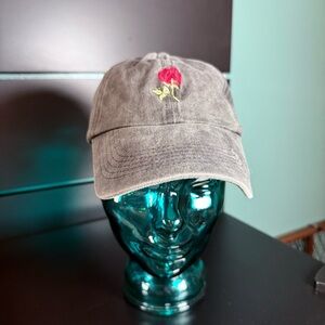 Gray Cap with Red Rose Embroidery